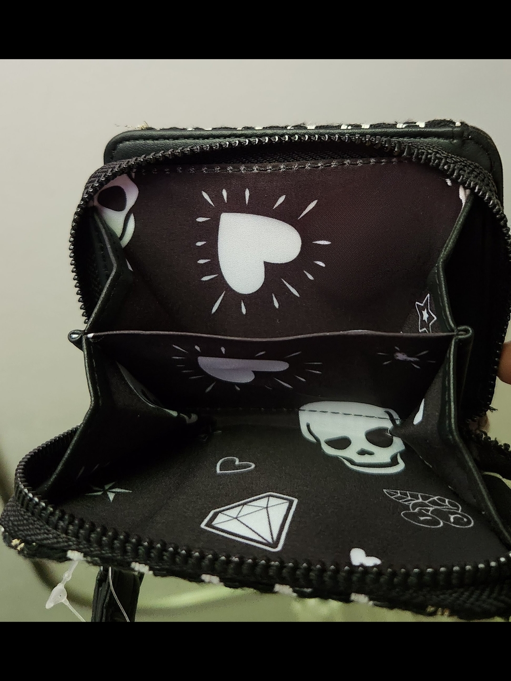 Betsey Johnson Black Zip Wallet with White Heart & Skull Print